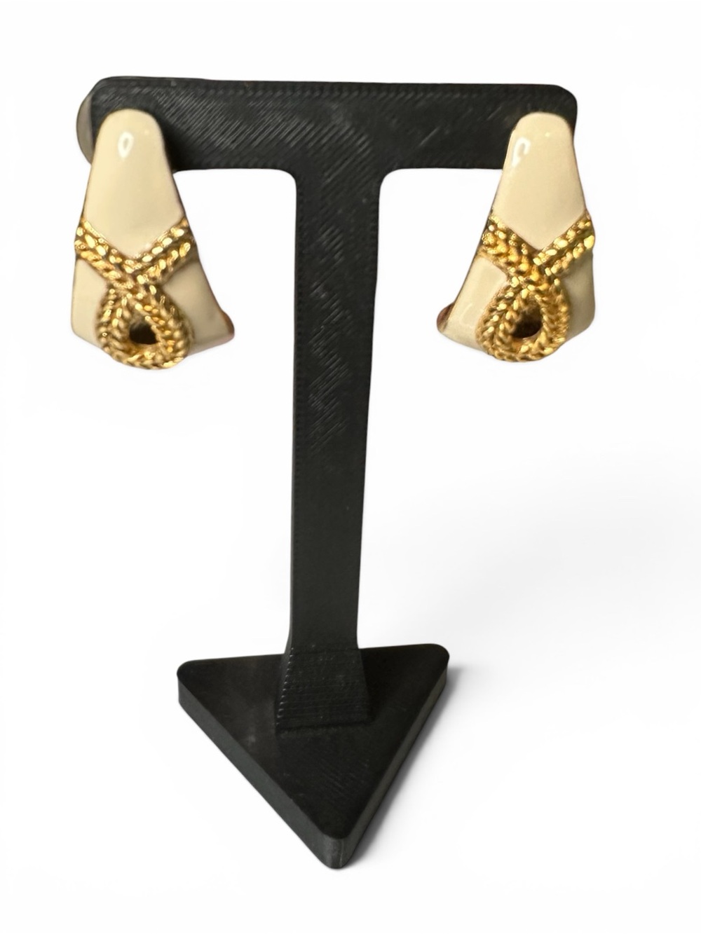 Vintage Ivory Enamel & Gold Rope Knot Statement Earrings